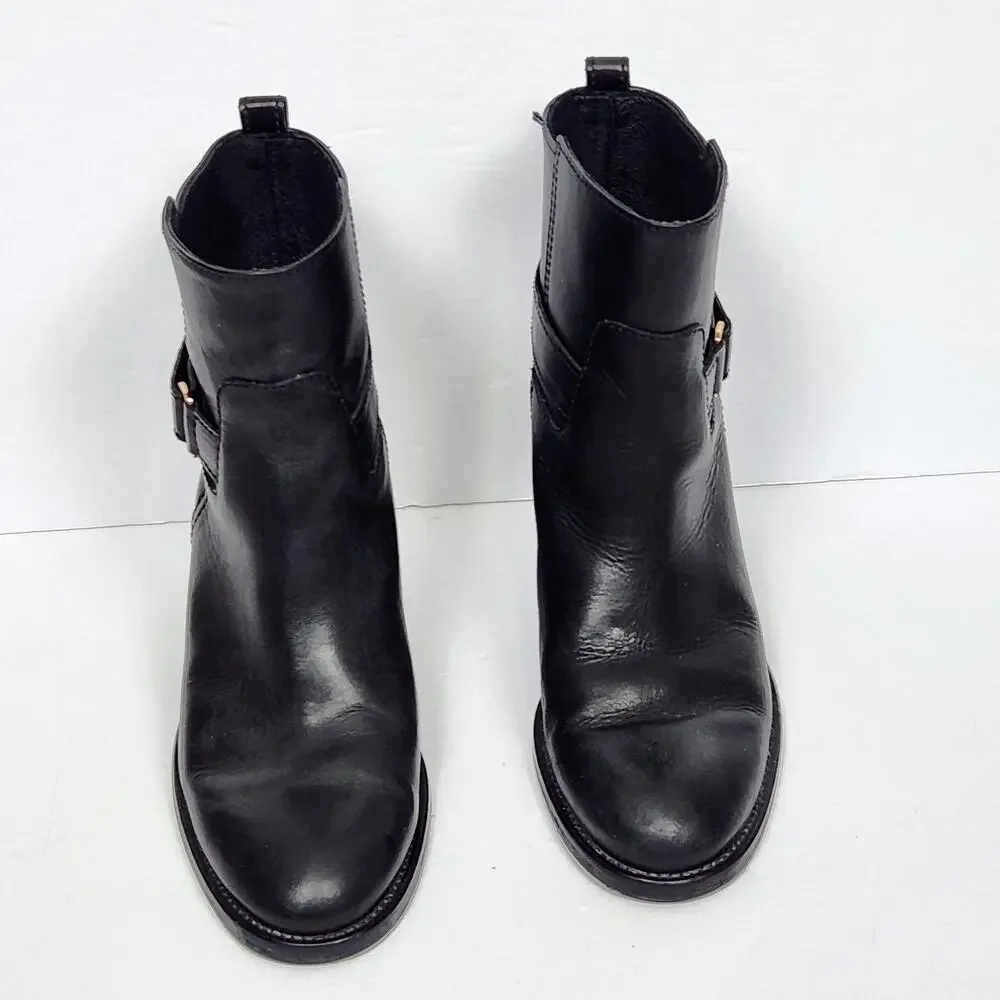 J CREW Black Leather Ankle Boots Womens Size 8 US Buckle Block Heel Booties